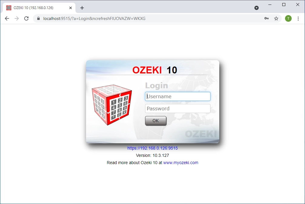 login screen of ozeki phone system