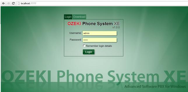 ozeki phone system xe login screen