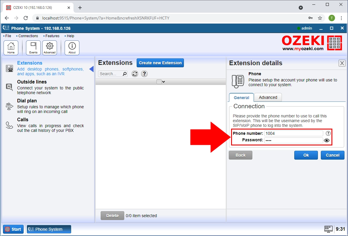 configure extension number and password