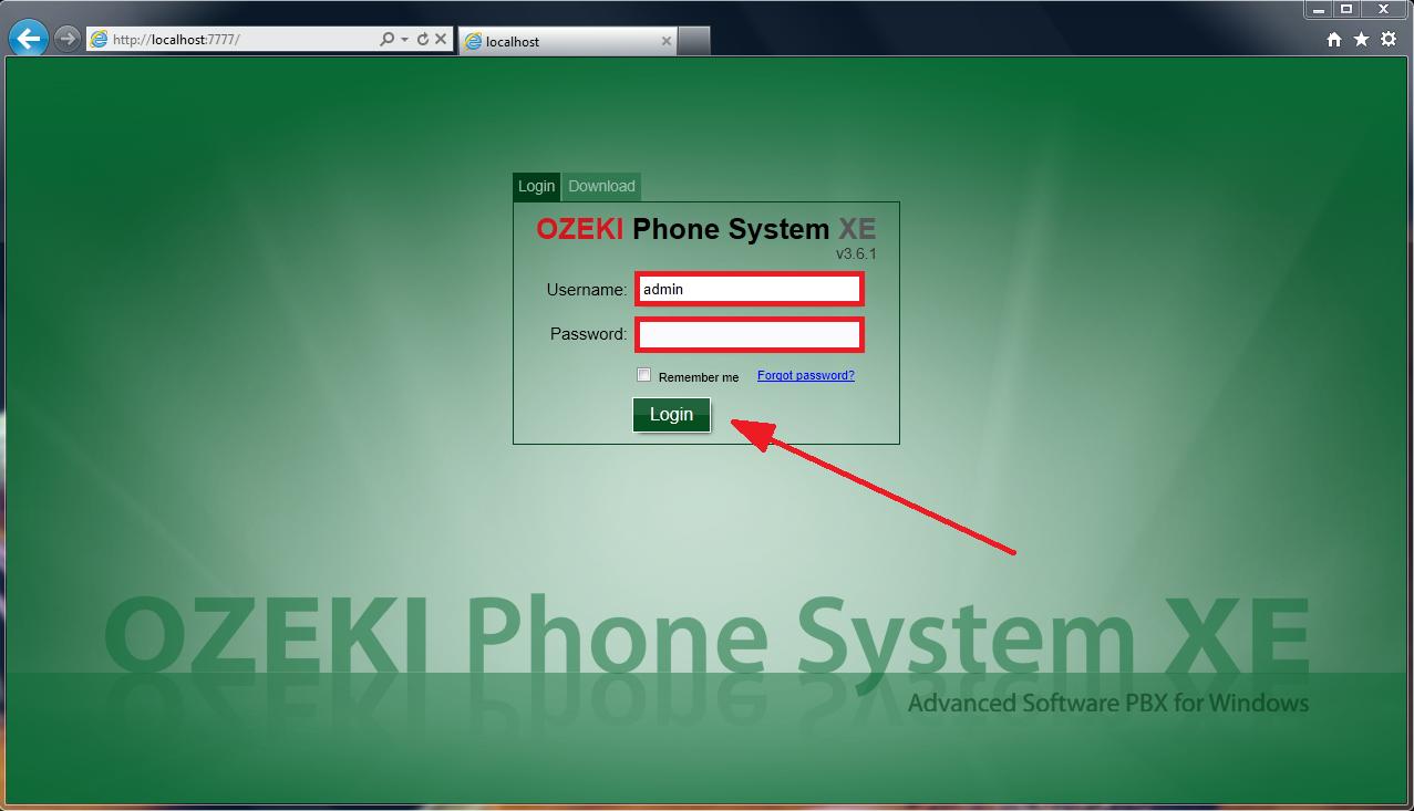 ozeki phone system login screen