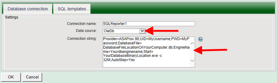 specifying connection string for sybase database