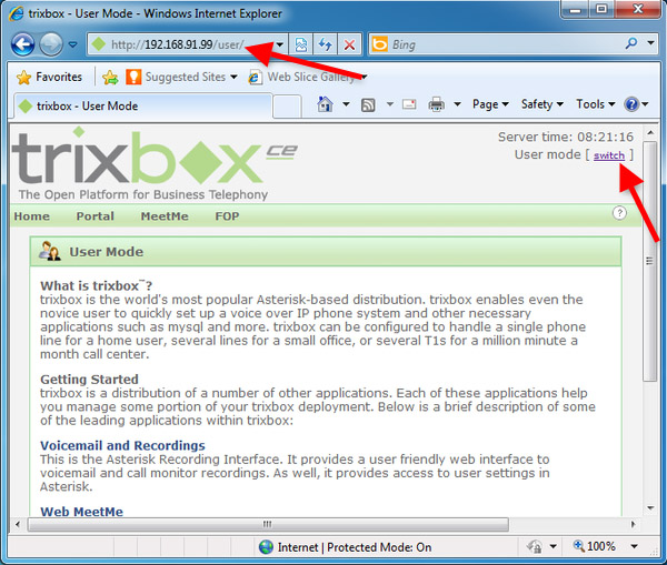 navigate to trixbox web interface