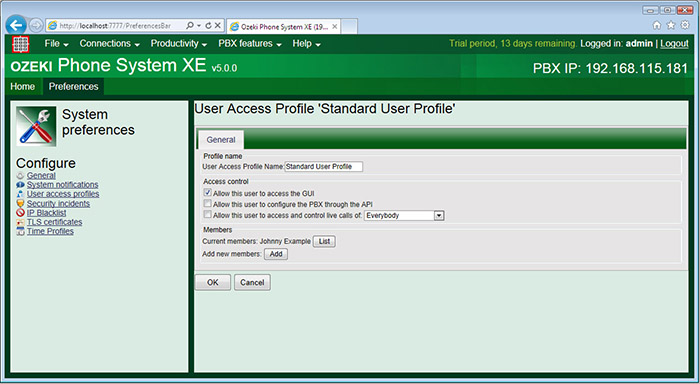 configuring the standard user profile