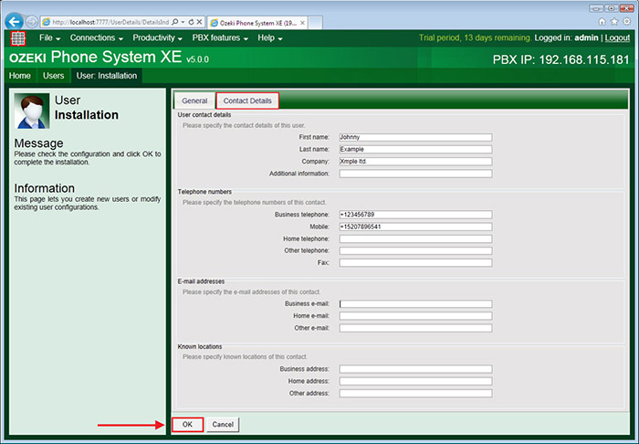 the contact details tab of the user installation
