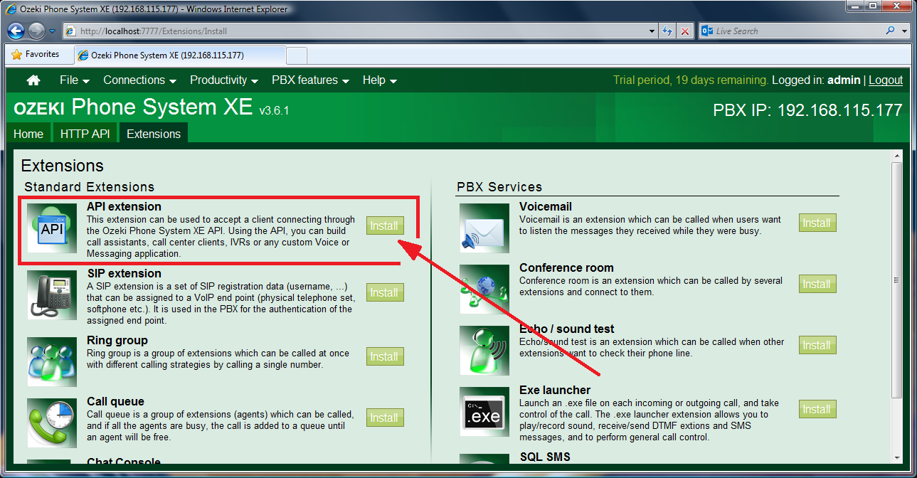 Ozeki VoIP PBX How to install API extension