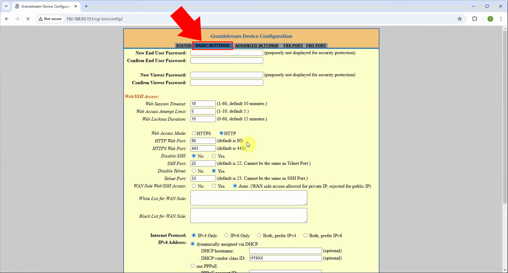 Open Basic settings