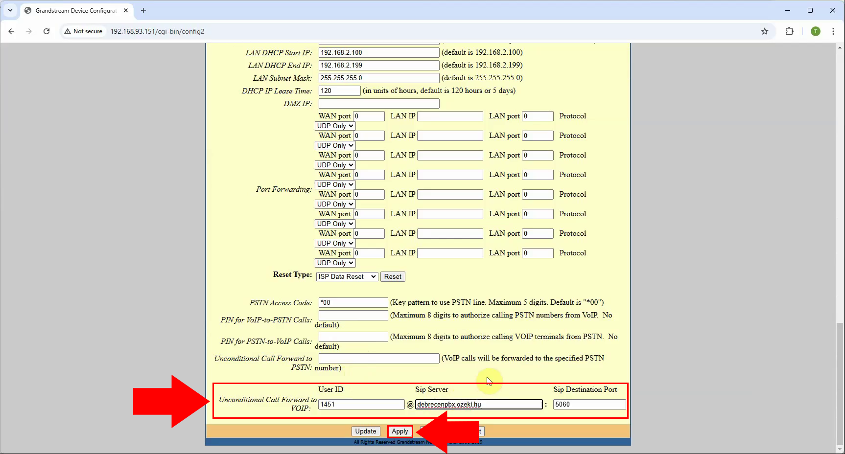 Configure SIP number to dial and apply chnages