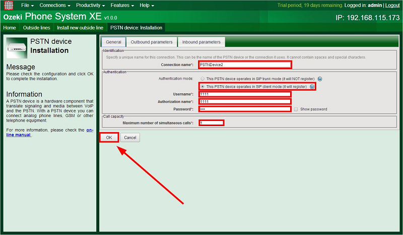 the configuration panel of the pstn device general settings